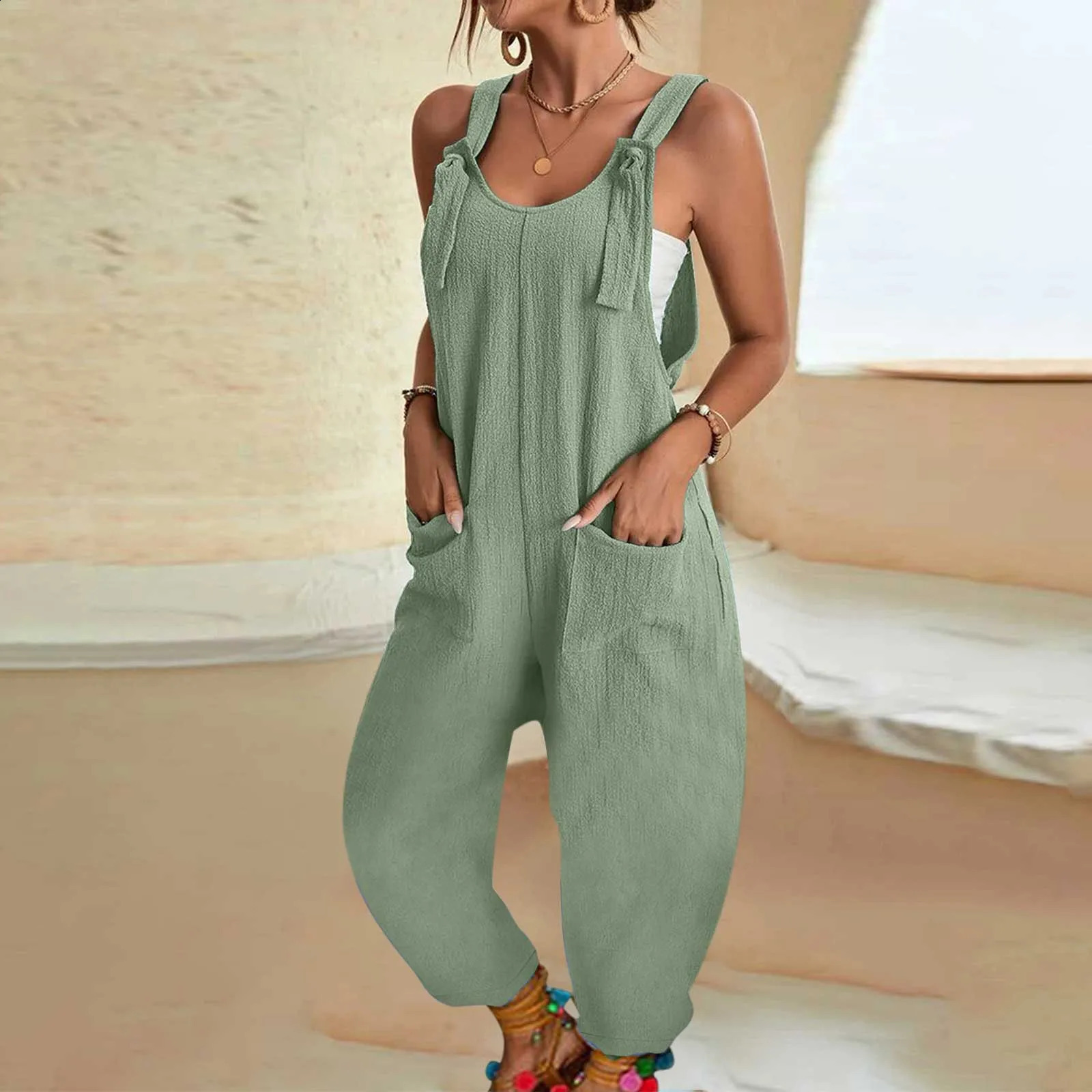 Women Tie Shoulder Overall Casual U Neck Sleeveless Jumpsuits Spaghetti Strap Baggy Overalls Harem Pants With Pocket Suites 241224