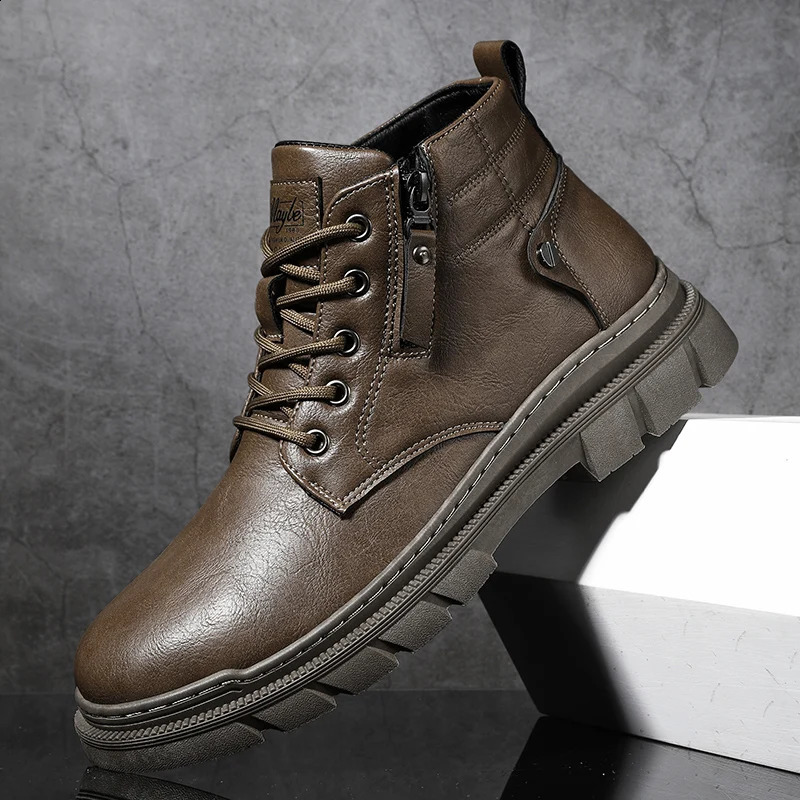 Men Retro Work Ankle Boots Autumn Winter Thick Bottom High Top Casual Leather Chelsea Desert Waterproof Male 241223