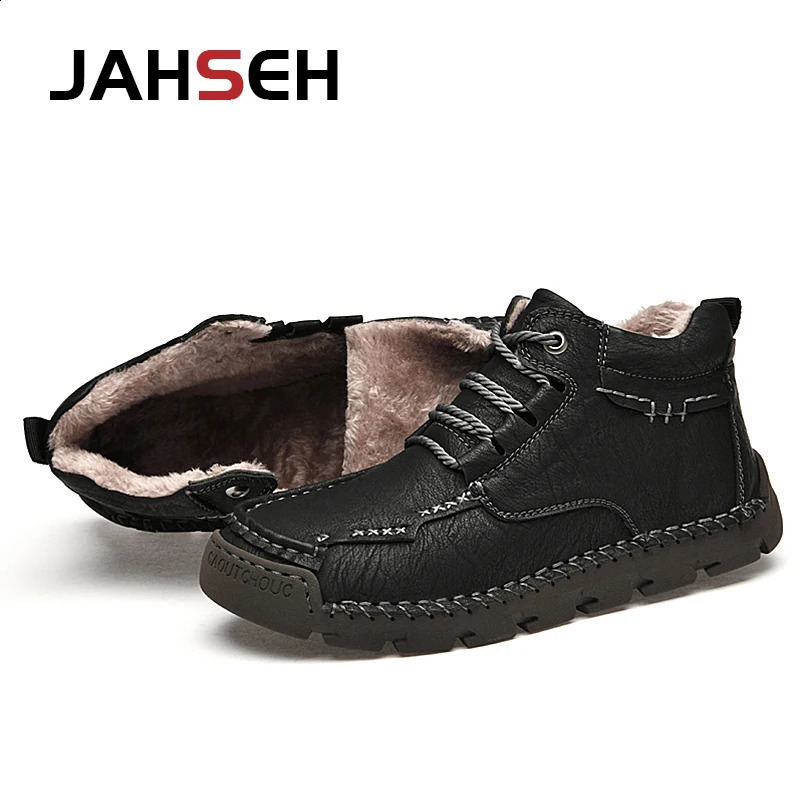 JAHSEH Leather Winter Men Boots With Fur Ankle Boots Men Leisure Keep Warm Western Boots Men Casual Sneakers Plus Size 48 241228