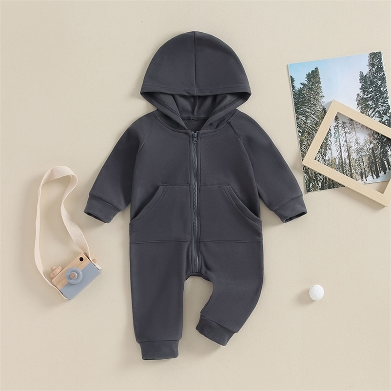 Lioraitiin 0-18M born Baby Boy Infant Romper Boho Long SlEEve Hooded Jumpsuit Outfits Solid Color Warm Sweatshirts 241226
