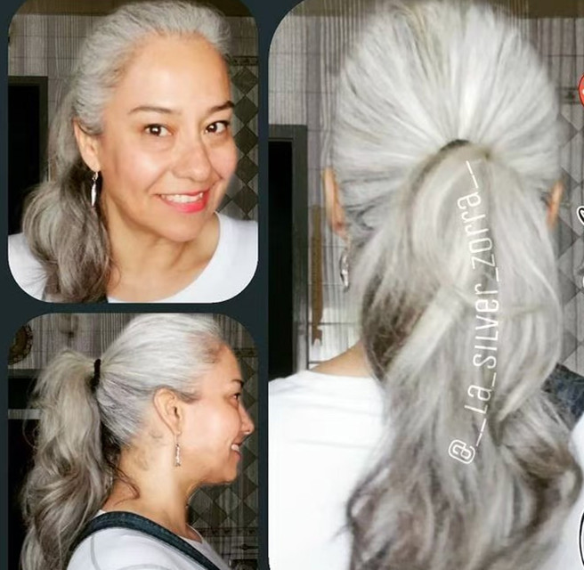Elegant gray human hair ponytail hairpiece salt and pepper natural grey pony tail hair piece brazillian silver curls extension humain raw curly wraps 