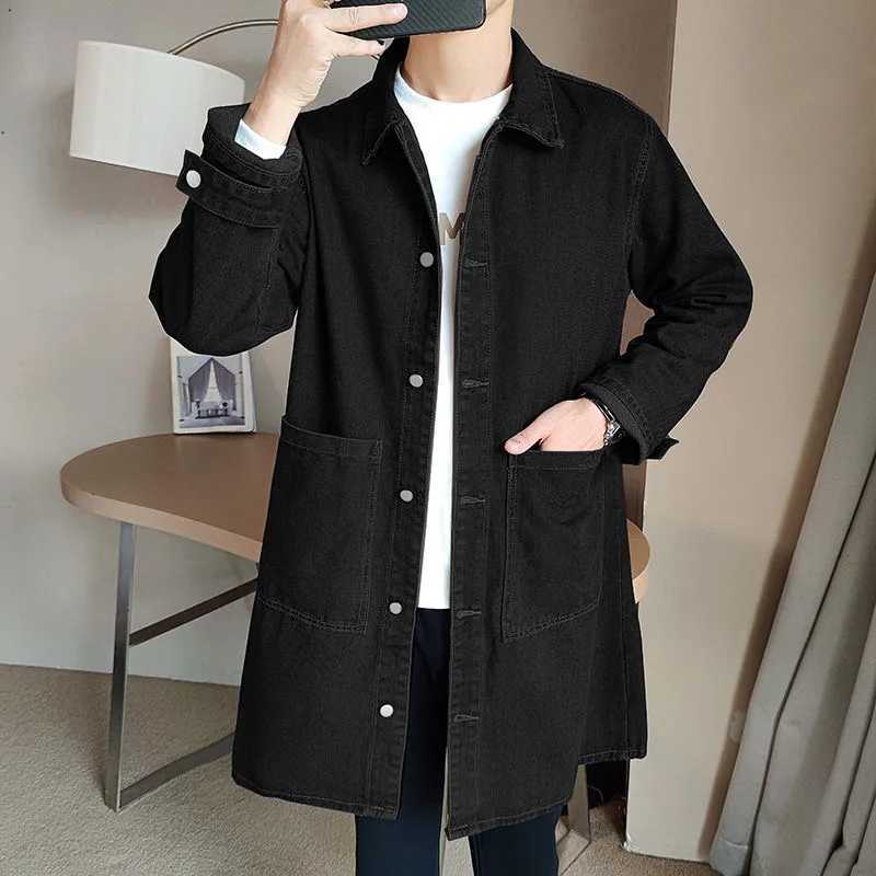 Retro denim trench coat mens mid to long loose top windproof autumn and winter plush thick coat jacket W241228