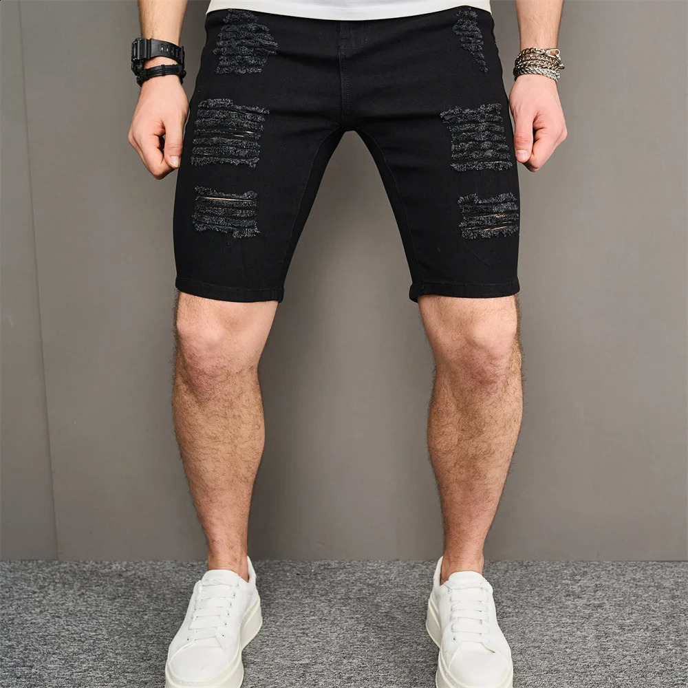 Street Men Holes Distressed Slim Beach Denim Shorts Summer Stylish Solid Male Casual Jean Fivepoint Pants 241223