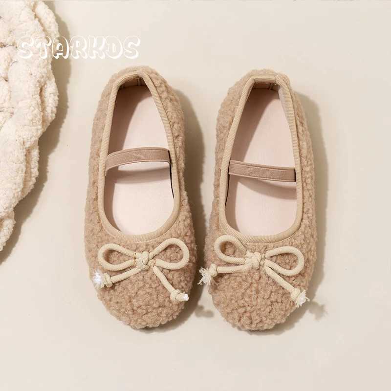 Bowknot Lambswool Ballet Flats Kid Girl Winter Warm Teddy Fur Ballerina Shoes Child Cosy Plush Shallow Loafers with Elastic Band W241228