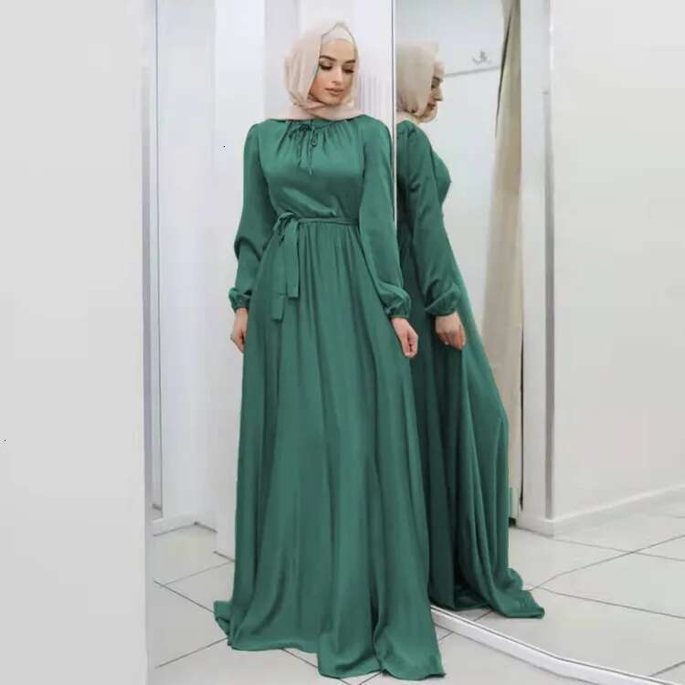 Women's Satin Maxi Dress With Belt, Muslim Abaya For Ramadan, Dubai Turkey Arabic African Islam Robes
