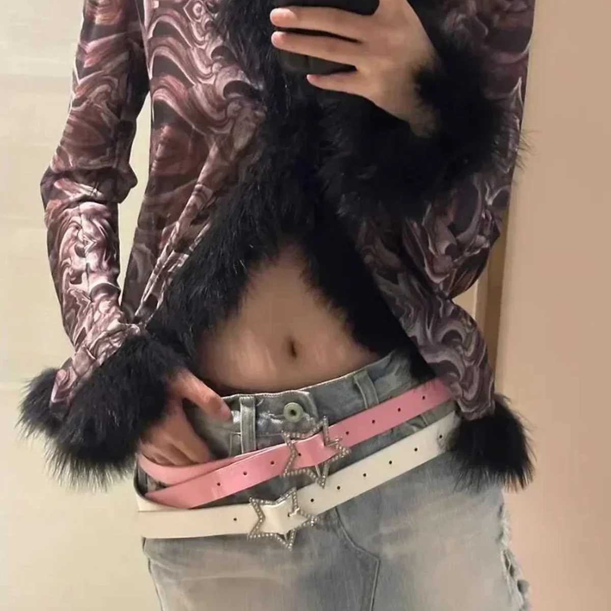 Y2K star buckle strap pink leather elastic binding strap sparkling rhinestone vintage bridal decoration accessory W241228