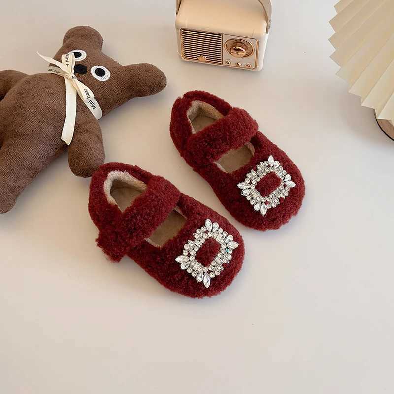 Luxury Crystal Square Buckle Lambswool Ballet Flats Toddler Kids Soft Teddy Fur Mary Janes Baby Girls Brand Design Fluffy Shoes W241228