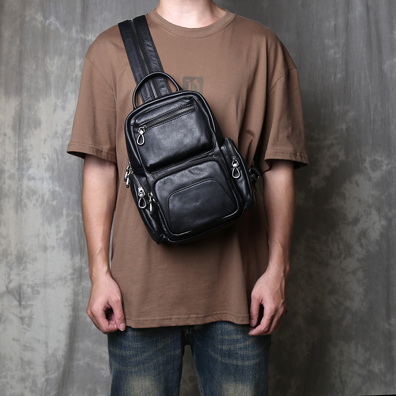 New Men's Genuine Leather Chest Leisure Multi Functional Head Layer Cowhide Crossbody Bag Women's Backpack Large Capacity