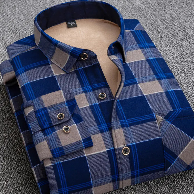 Mens Fleece Plaid Shirt Thick Warm Velvet Shirt Long Sleeve Business Fashion Big Size Autumn Winter 241223