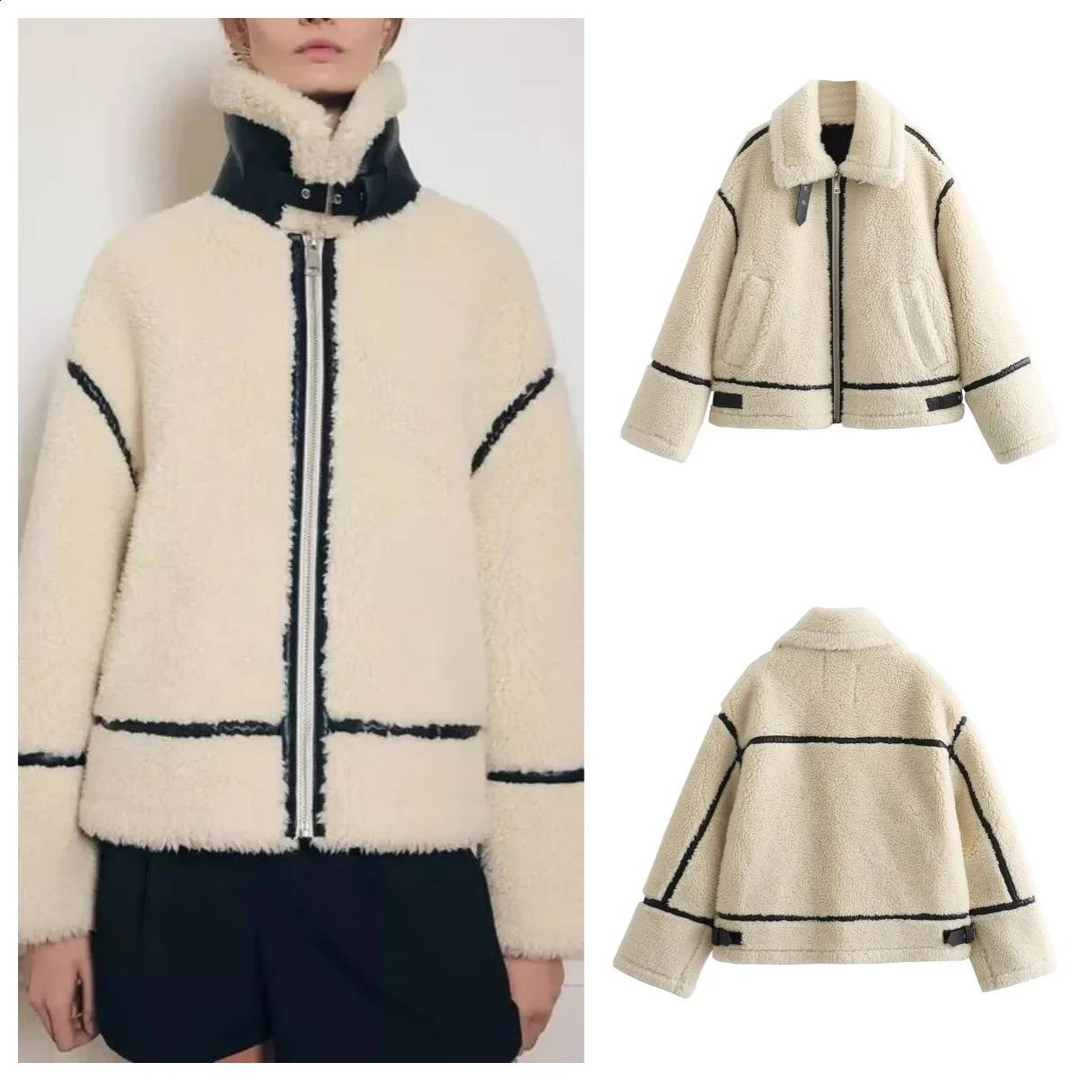 European and American style winter style lapel zipper warm sherpa jacket womens fashion versatile motorcycle jacket 241227