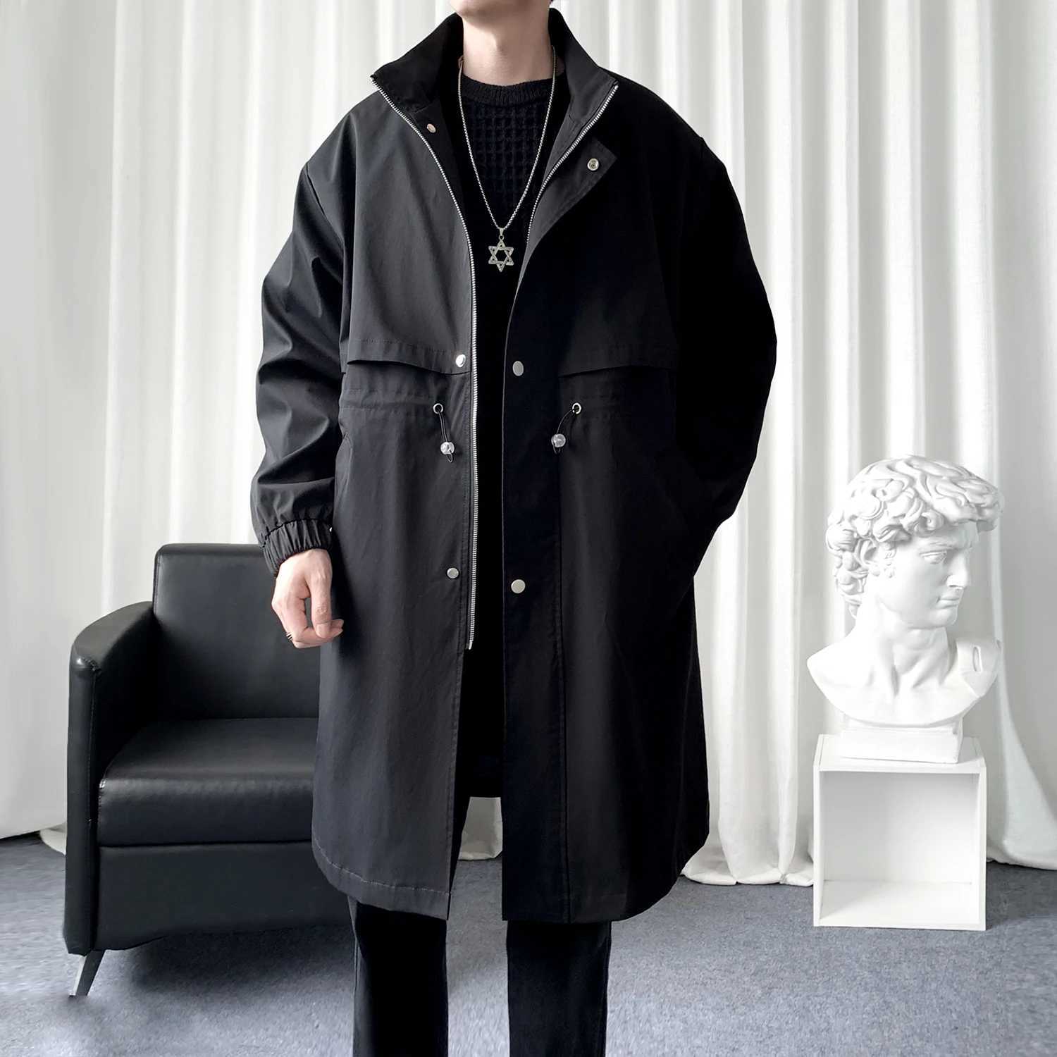 Long patch work trench coat casual collar mens clothing fashion paradigm cape single chest zipper top mens patchwork jacket W241228