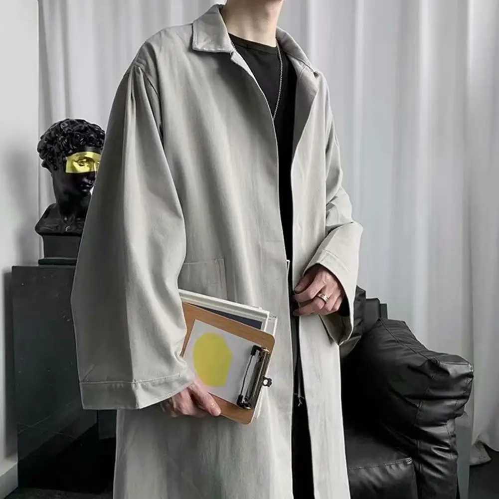 Mens long trench coat with lapel breathable windproof thin solid color mens spring and autumn coat W241228