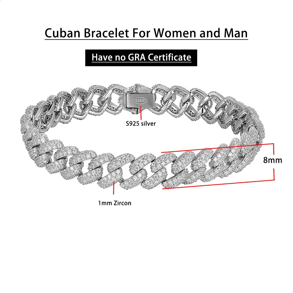 2 Row 8MM Cuban Bracelet Men Women Fine Jewelry S925 Silver High Carbon Diamond Couple Bracelet Plated 18K Hip Hop Link Chain 241227