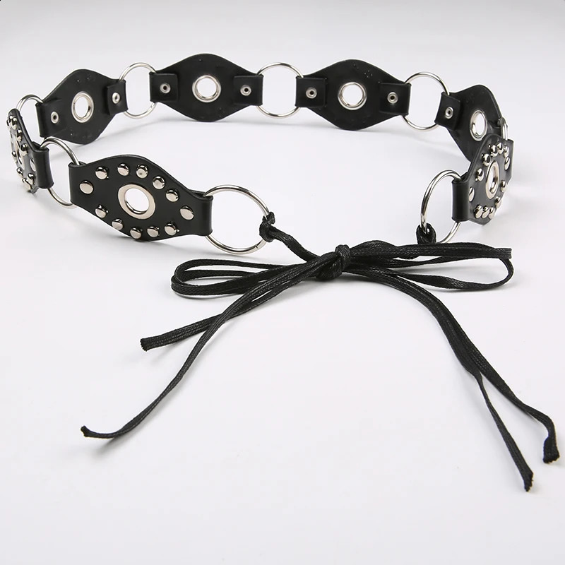 SUCHCUTE Lace Up Rivet Boho Vintage Black Belts for Women Round Eyelet Leather Y2K Style Accessories Grunge Waist Chain Belts 241227