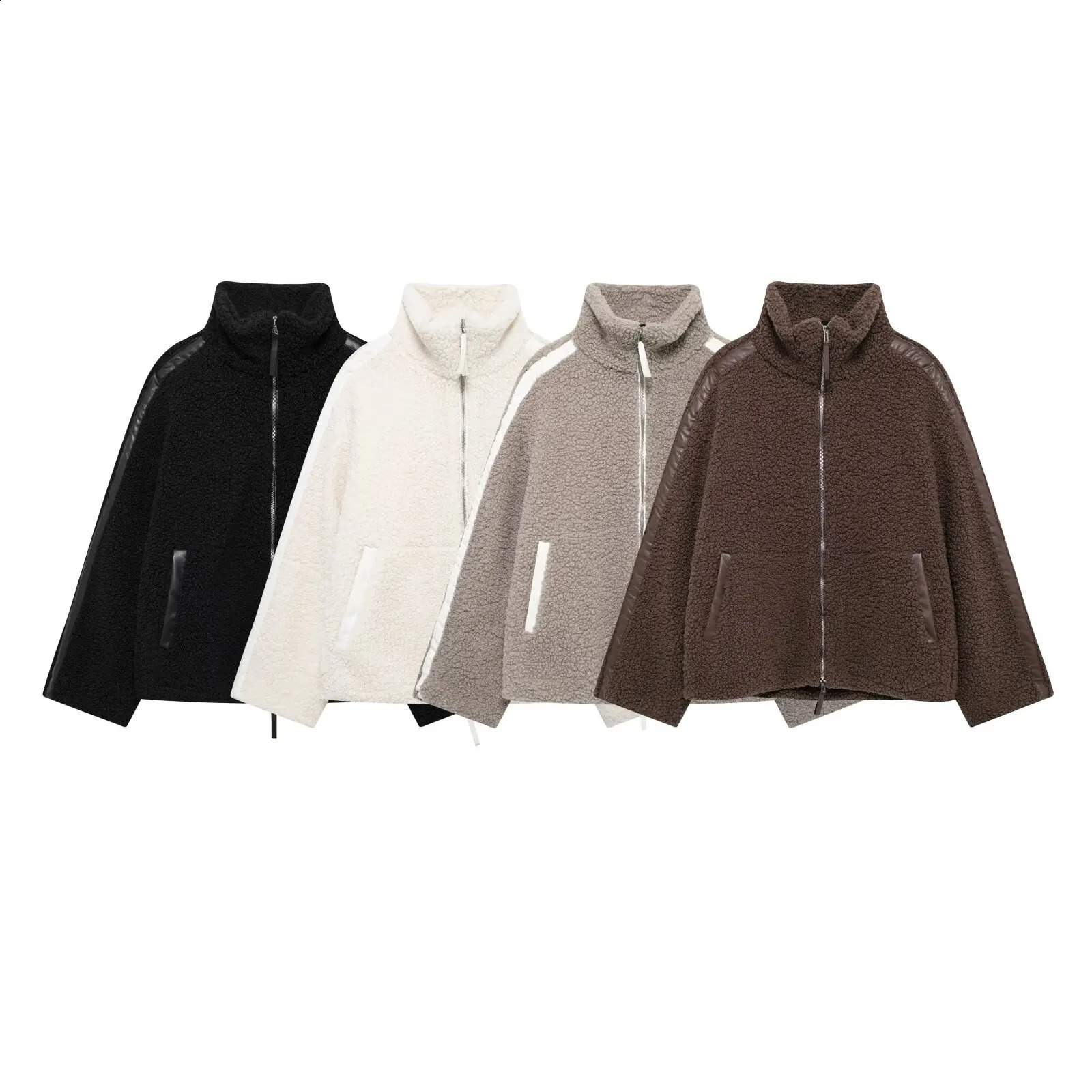 European and American style fashion simple and versatile stand-up collar zipper loose casual sherpa jacket 241227