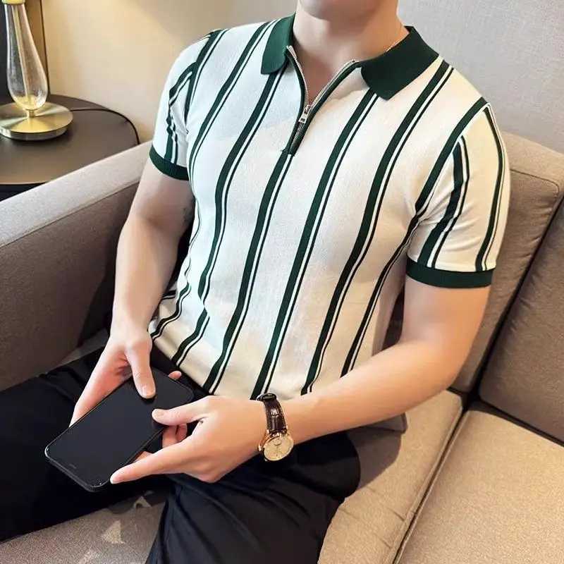 Korean fashion mens shirt shirt summer trend intelligent casual lapel striped contrasting color half zipper short sleeved ultra-thin knitted top X2412
