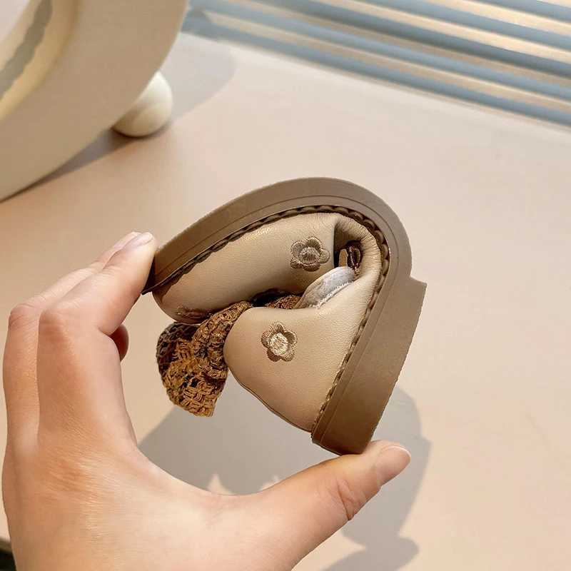 Autumn girl Mary Janes Flloal shallow bow knot classic childrens leather shoes matte Pu leather beige brown childrens flat shoes 21-30 W241228