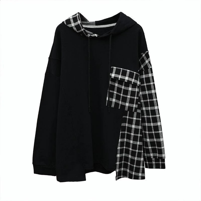 Women Plaid Patchwork Fashion Oversized Streetwear Cotton Hoodies Autumn Casual Long Sleeve Pullovers Female Hooded Sweatshirt 241223