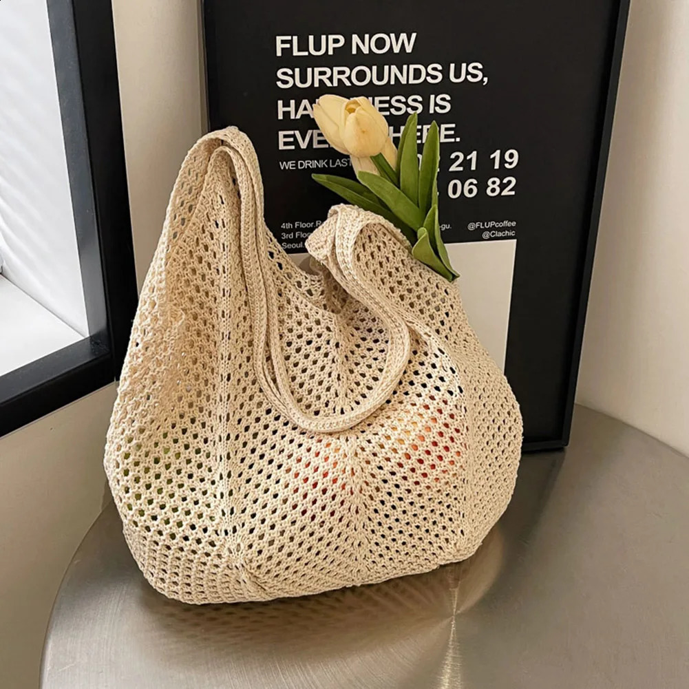 Women Knitting Shoulder Bag Solid Color Crochet Mesh Large Capacity Aesthetic Hobo Ladies Daily Handbag 241225