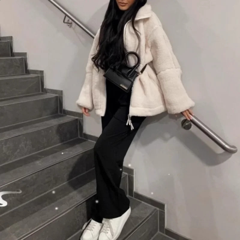 European and American style fashion simple and versatile stand-up collar zipper loose casual sherpa jacket 241227