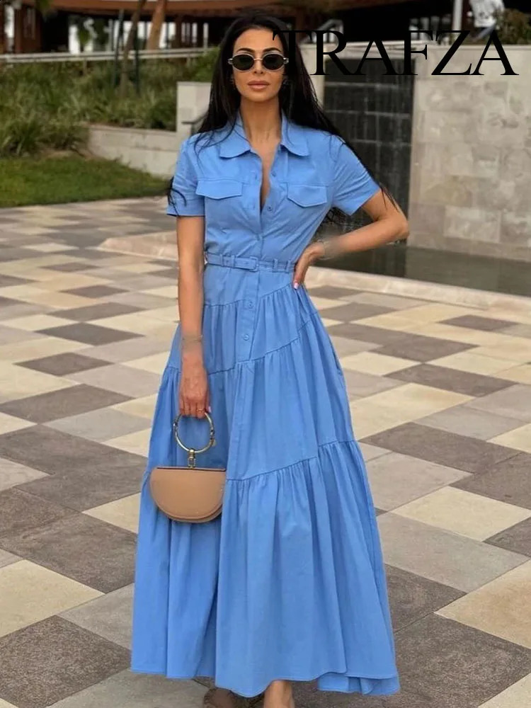 TRAFZA Women Fashion Long Dresses Solid Turn-Down Collar Short Sleeves Belt Single Breasted Female Summer Elegant Dress 2 Color 241227