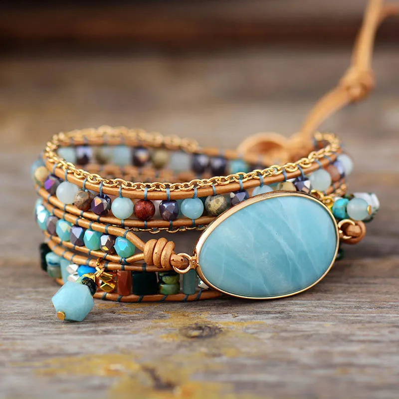 Multilayered Leather Wrap Bracelet W/ Natural Stone Item Beaded Strands Bracelet Boho Beads Jewelry Wholesale Dropship 241227