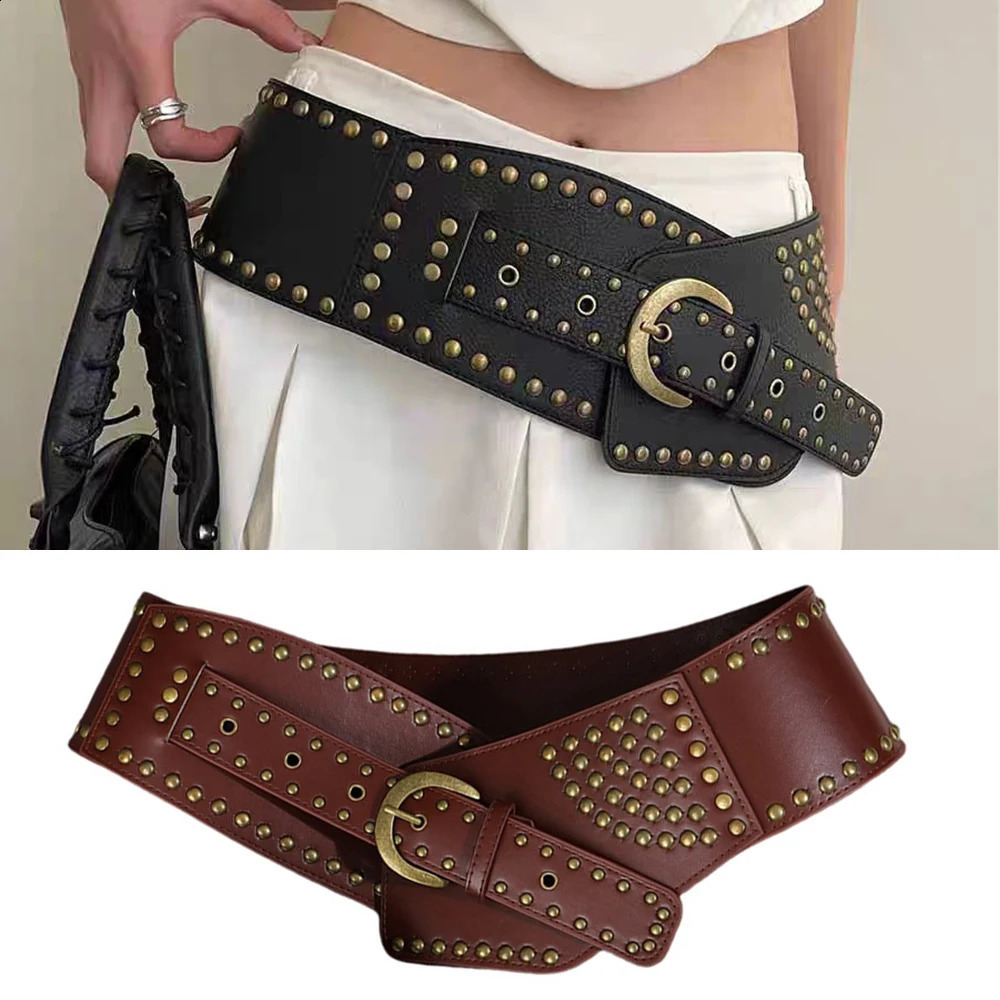 Punk Leather Wide Waist Belt Corset for Womens Hollow Out Cummerbunds Concave-shaped Waistband Adjustable Belt Rivet DIY Vintage 241227