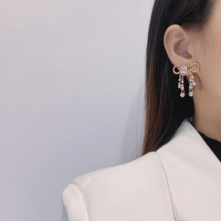 Crystal Bow Gold Earrings Women Top Quality Sweet Fancy Jewelry Boutique Trend 241226
