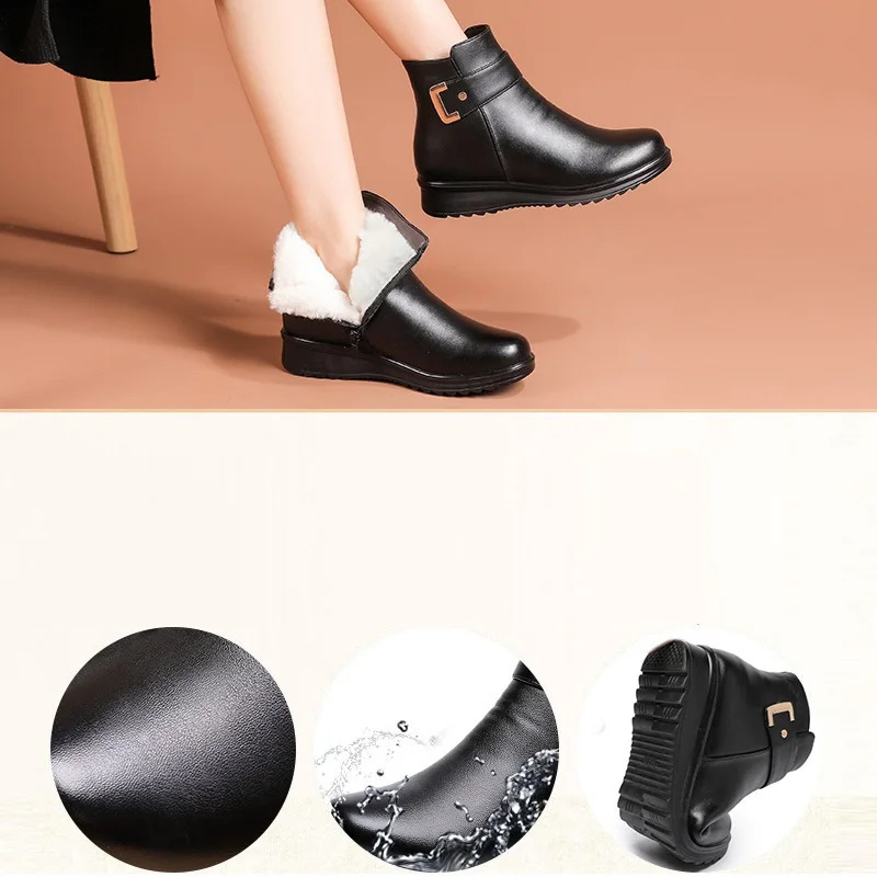 High Quality Fashion Winter BlackBoots Women Leather Warm Fur Ankle Boots Mother Outdoor Leisure Nonslip Snow Woman Shoes 241223