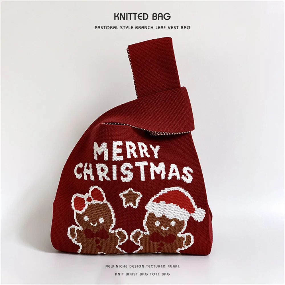 Christmas Handmade Knit Handbags Women Knot Wrist Bag Casual Small Tote Bag Girls Reusable Tote Shopping Bags 241227