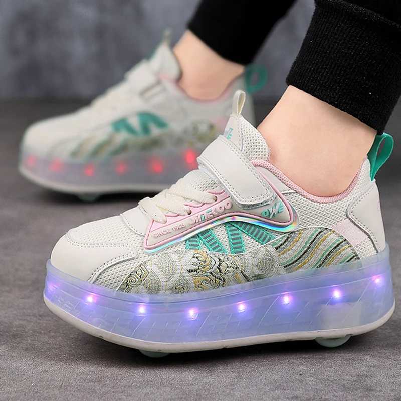 Childrens casual shoes fashionable two wheeled walking shoes shock-absorbing USB charging breathable LED light shoes W241228