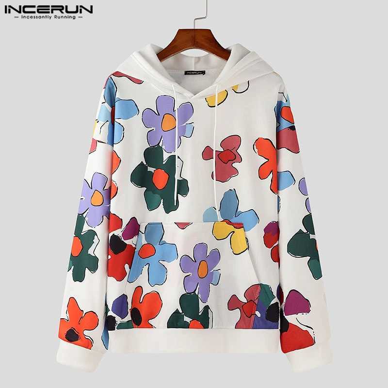 Mens Hoodies Long Sleeve Drawstring Colorful Floral Printed Holiday Pullovers Big Pocket Autumn Streetwear Sweatshirts X241228