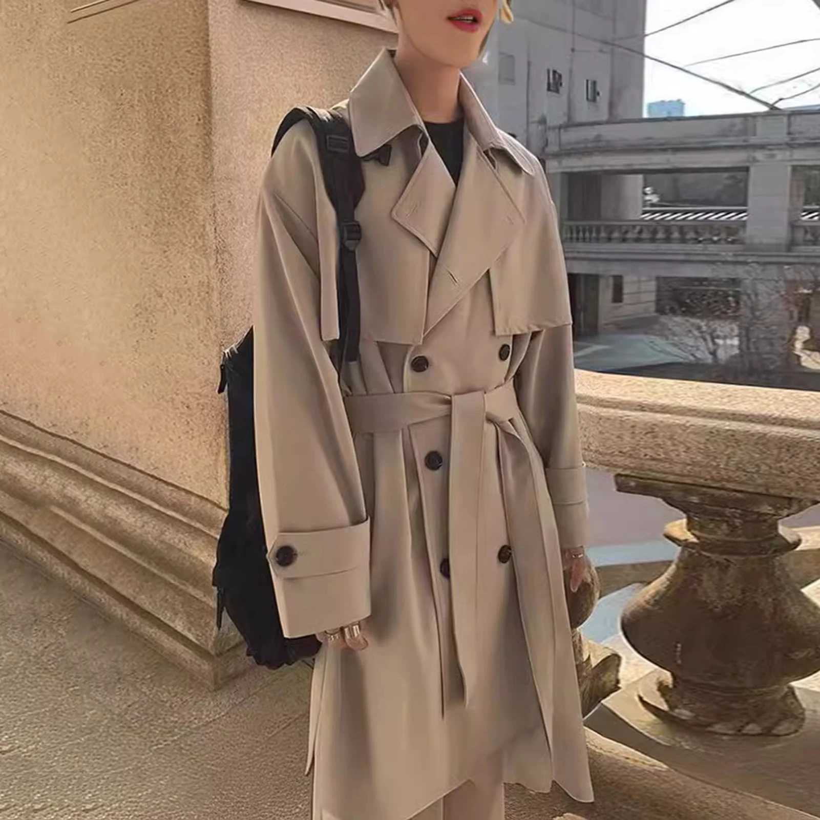 Mens Windbreaker Coat Lapel Long Sleeve Double Breasted Trench Coat Loose Fit Autumn Winter Mid-length Outwear W241228