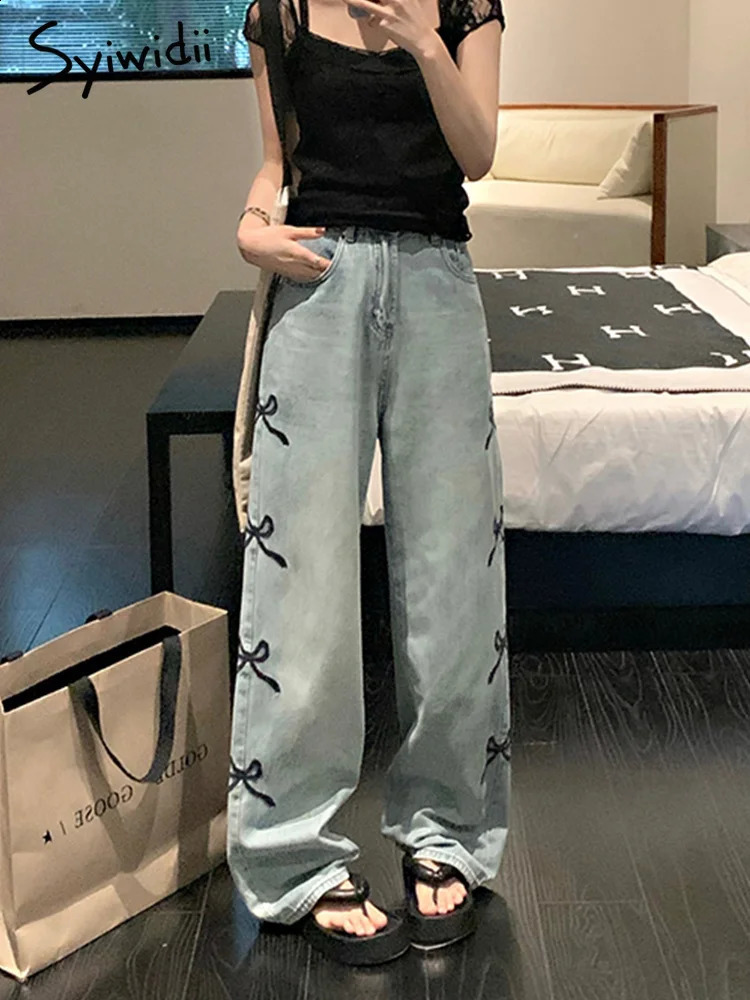 Syiwidii Bow Embroidery Baggy Blue Jeans for Women Korean Fashion High Waisted Y2k Wide Leg Streetwear Slouchy 241228