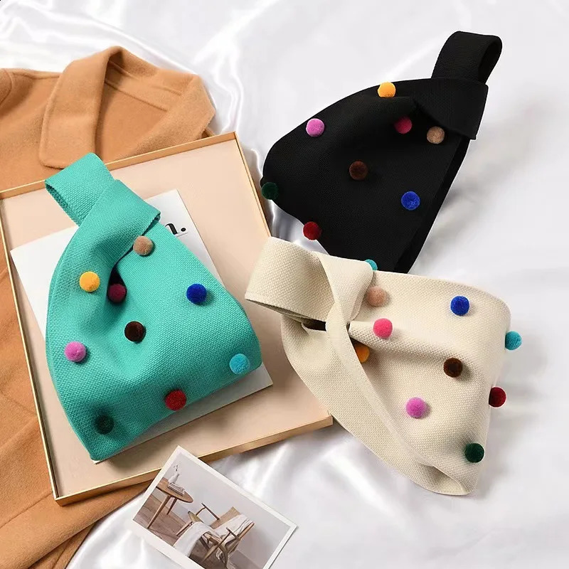 Handmade Knit Handbag Women Mini Knot Wrist Bag Casual Color Wide Stripe Plaid Tote Bag Student Reusable Shopping Bags 241227