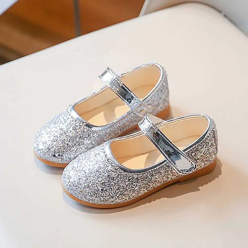 Girls leather shoes shiny Mary Jane shoes sequined cloth princess shoes silver wedding shoes childrens ballet apartment dance 271A W241228