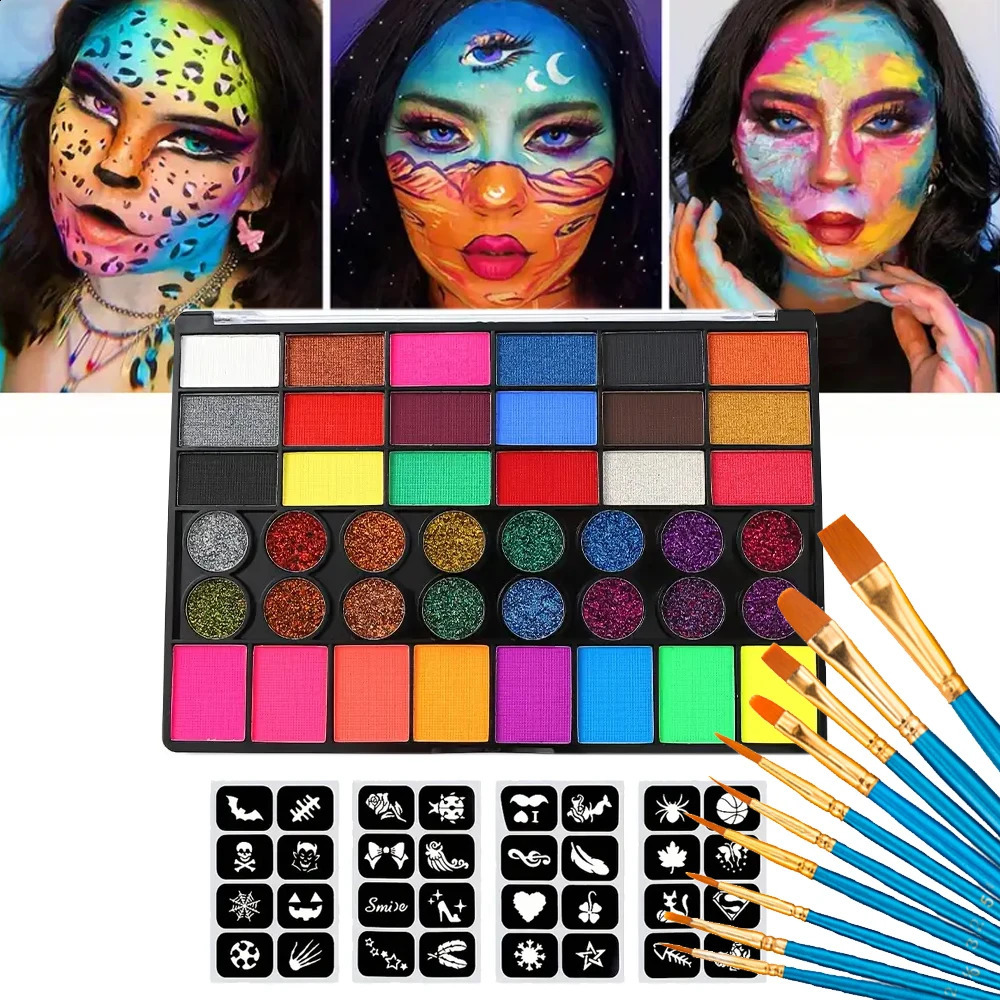 42 Colors Water Soluble Face Body Painting Set UV Neon Glitter Face Paint Art Halloween and Christmas Party Body Paint Makeup 241224