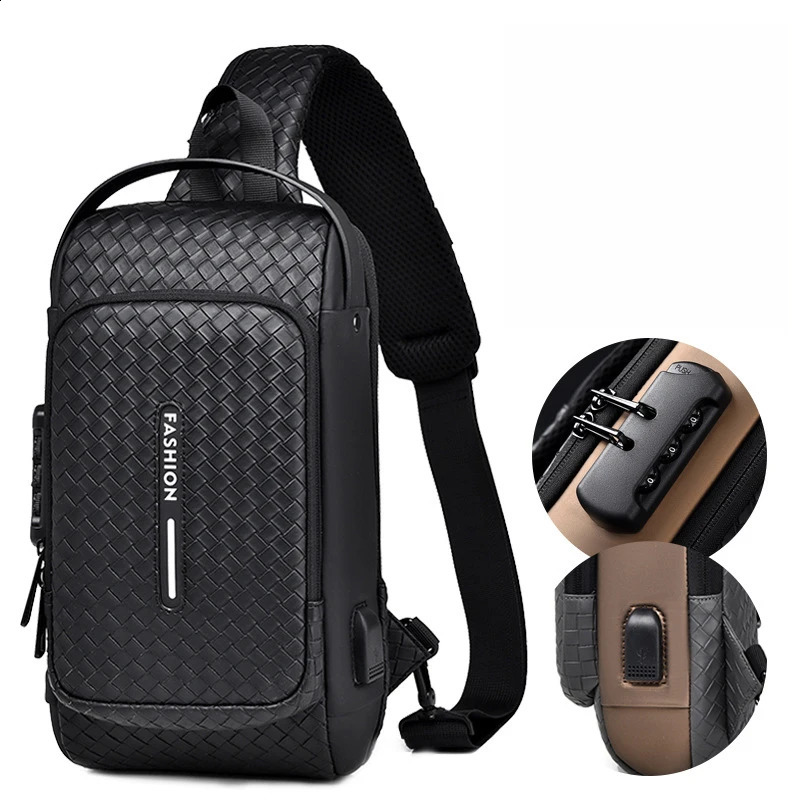 Men Fashion Chest Bag Anti-theft Tape Bag Portable Backpack with USB Charging Port Male PU Shoulder Outdoor Sports Crossbody Bag 241228