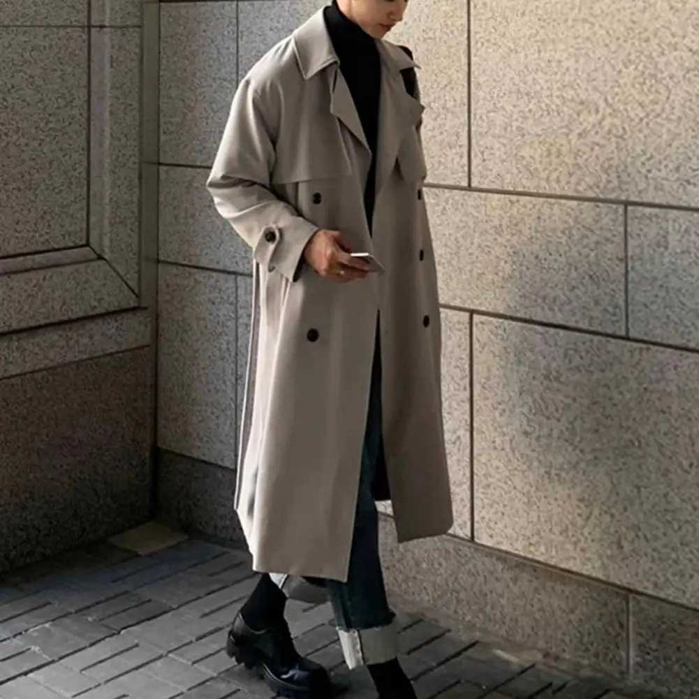 Mens Windbreaker Coat Lapel Long Sleeve Double Breasted Trench Coat Loose Fit Autumn Winter Mid-length Outwear W241228