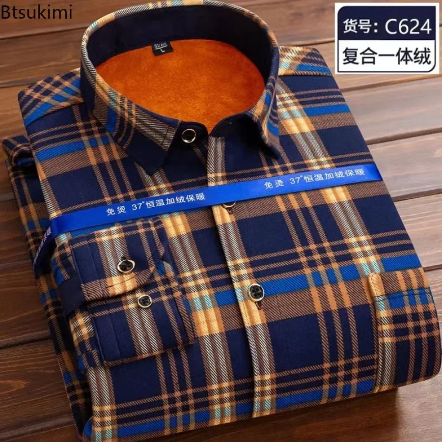 2025 Mens Long Sleeve Warm Plaid Shirt Autumn Winter Thick Fleece Casual Oversized Shirt Male Vintage Sweater Men Clothing 241223