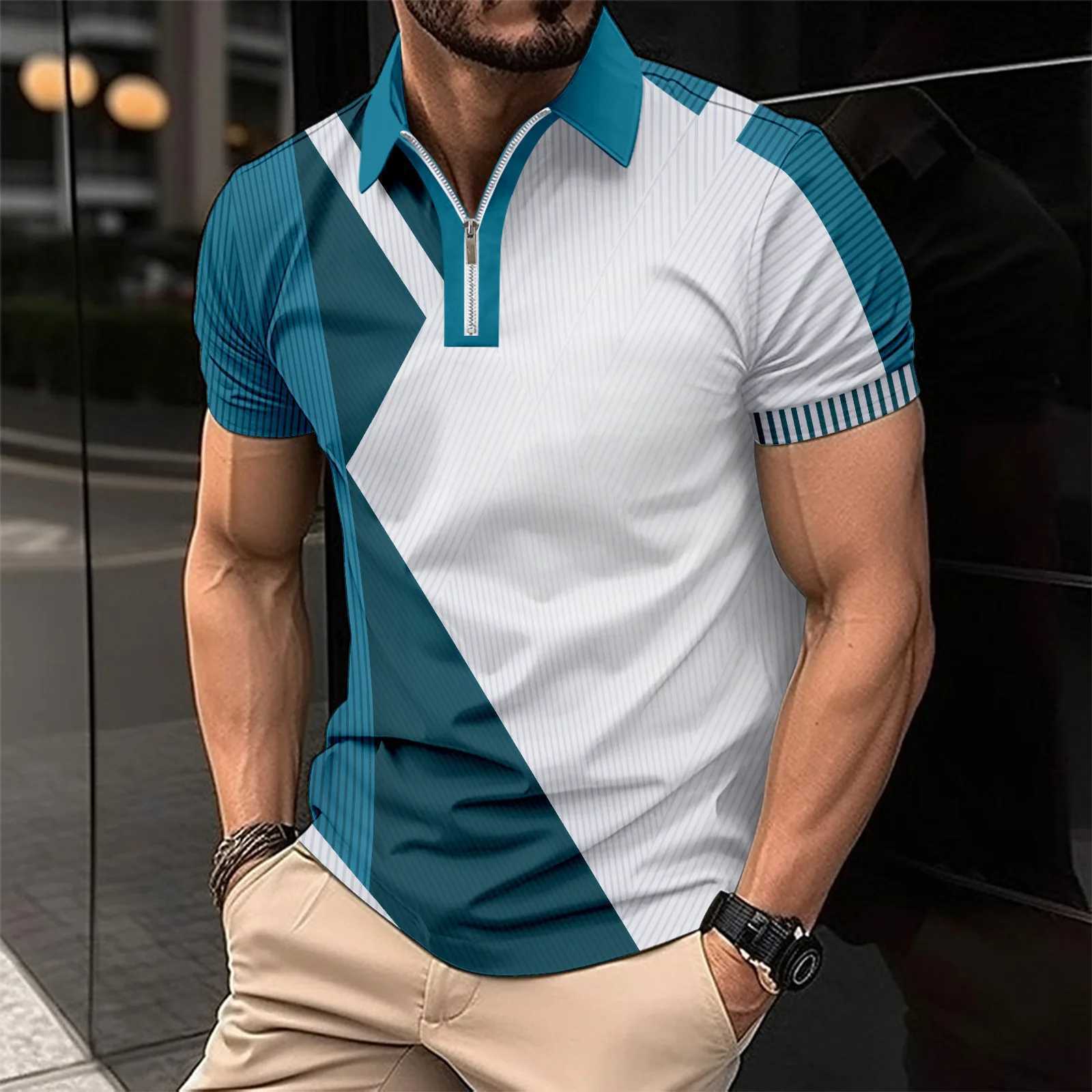 High luxury Mens Casual Short Sleeved Stripe shirt Shirt Zipper Business shirt Shirt Top Men Breathable Tops Men Clothing X241228