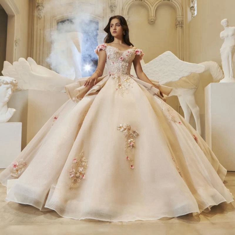 Champagne Quinceanera Dresses Ball Gown Off The Shoulder Applique Flower Beading Tull Corset Party Birthday Sweet 16 Vestido De 15 Anos