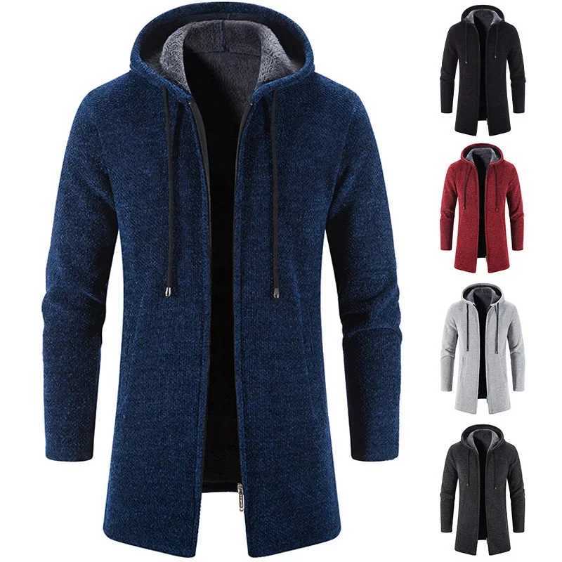 Autumn Winter Mens Fleece Warm Windbreaker Solid Color Casual Loose Hooded Knit Coat Long Sleeve Zipper Pocket Cardigan Coat W241228