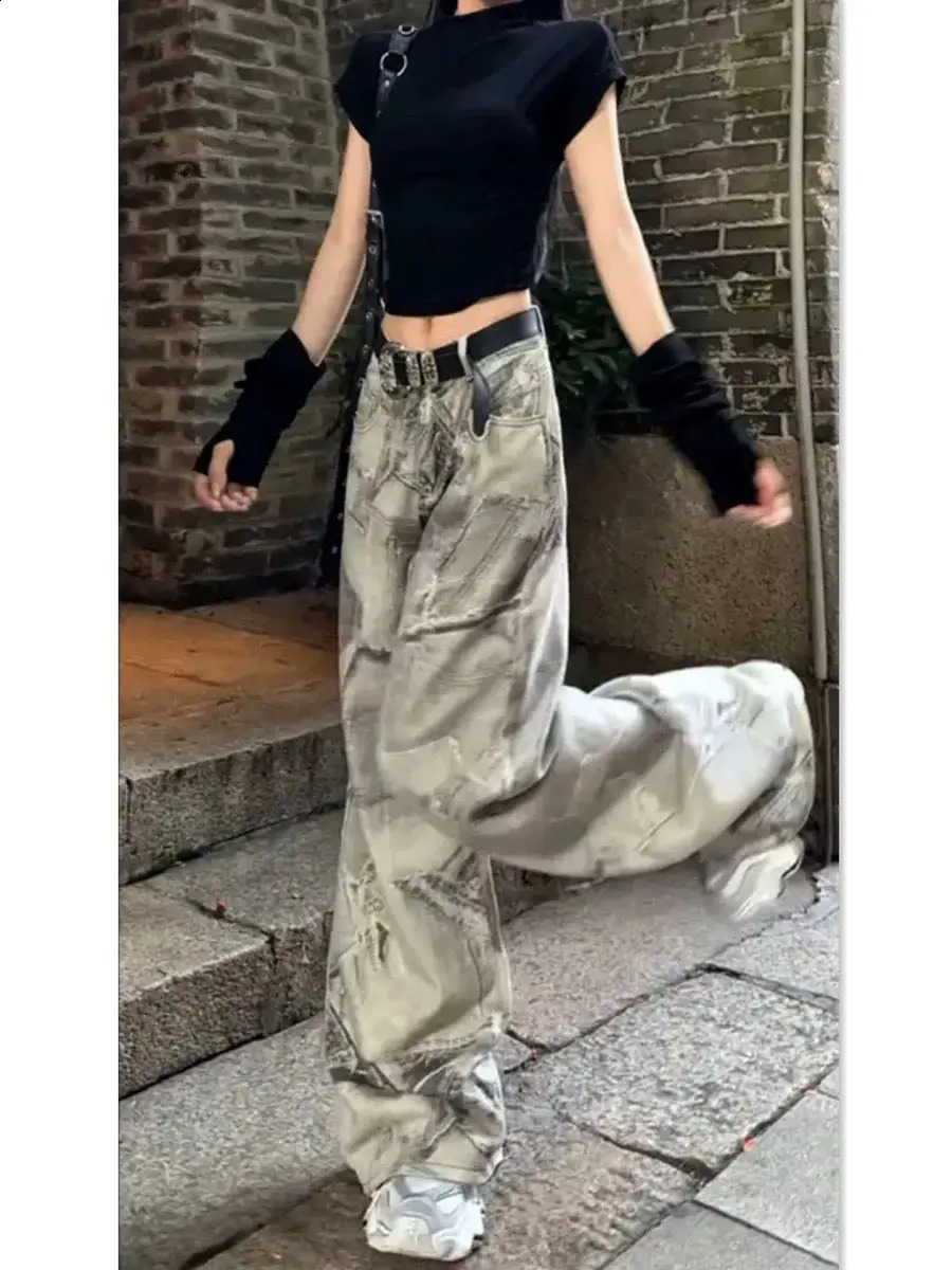 High Street Fashion Personality Retro Printed Thin Jeans for Women Waist Slimming Tie Dye Micro Pull Pants 241228