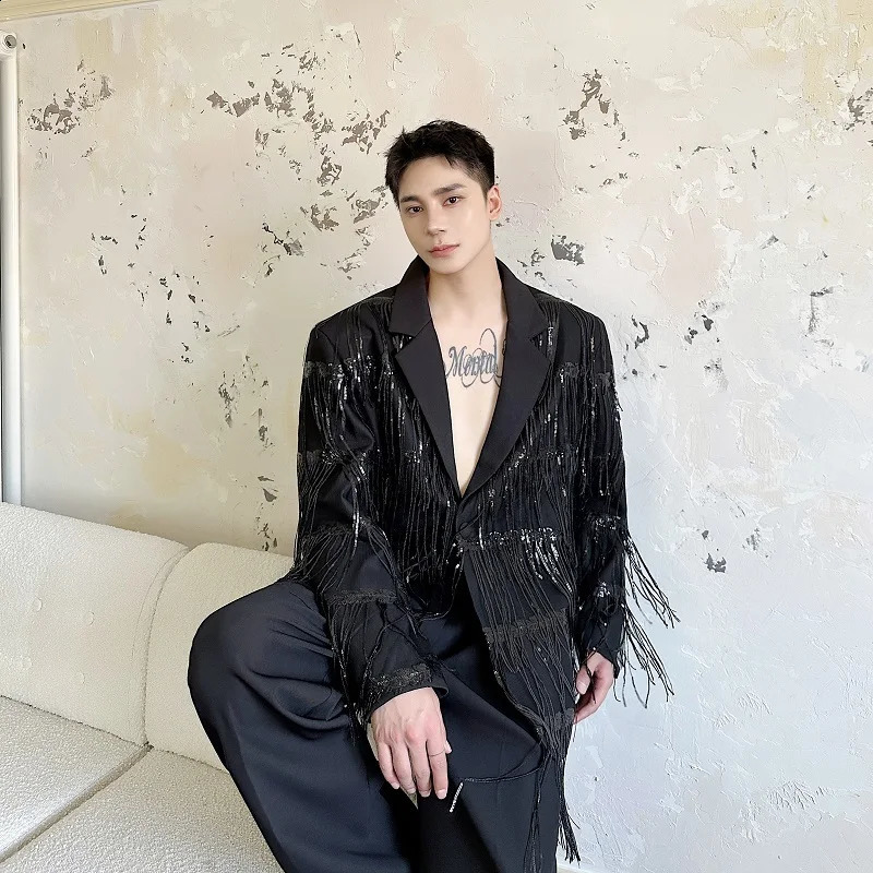 PFHQ autumn and winter personalized tassel sequin double-layer mesh lapel casual suit trendy solid color mens jacket 21Z7021 241227