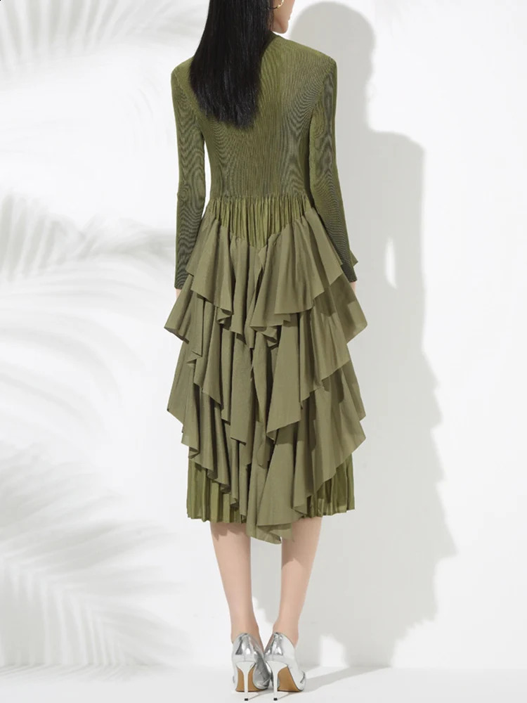 LANMREM Elegant Pleated Mid Length Dress For Women Long Sleeves Irregular Ruffles Patchwork A-line Dresses Fashion 2VV2046 241223