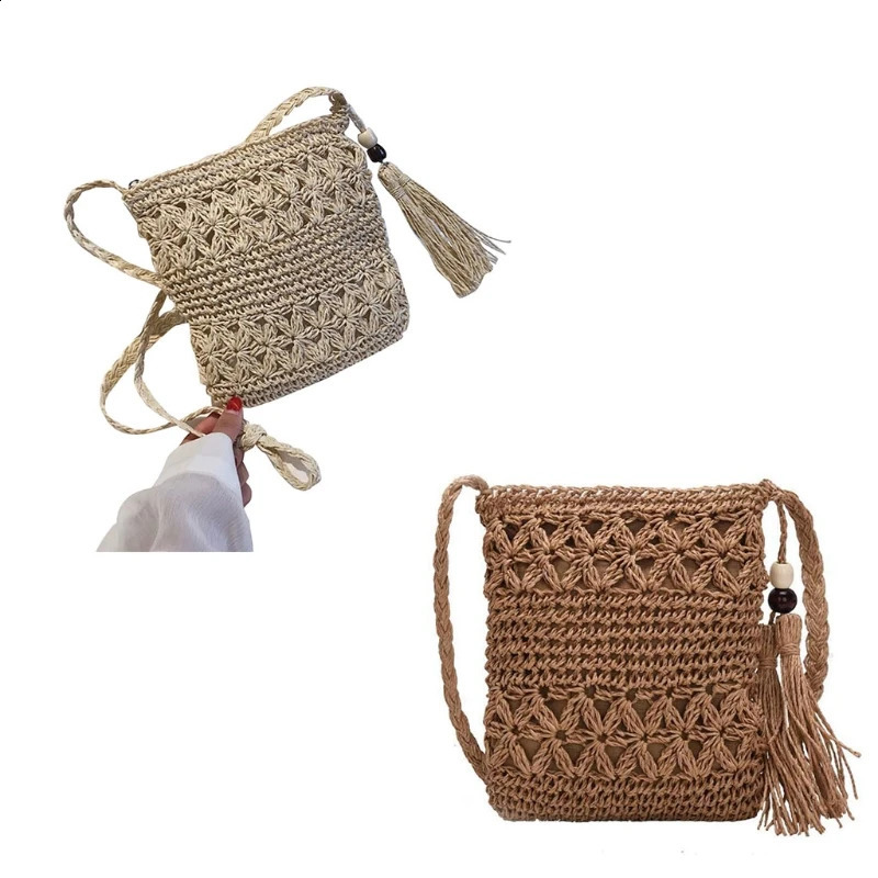 Beach Woven Straw Shoulder Bag with Tassel Boho Hollow Crochet Crossbody Handbag 241225