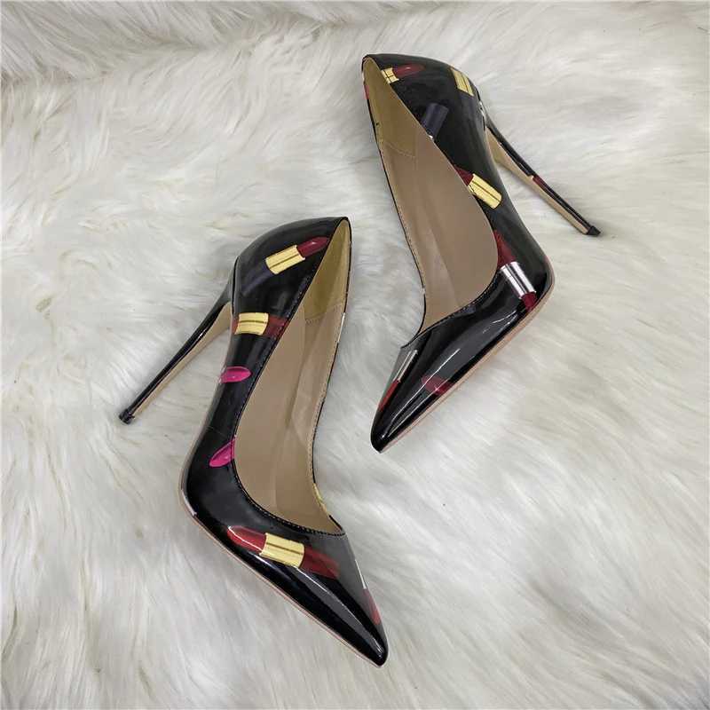 Heelgoo Newly Lipsticker Print Women Glossy Pointy Toe High Heel Black Party Shoes Slip On Stilettos Pumps Plus Size 33-46C241228