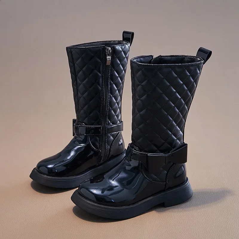 Girls Black Boots Glossy 2024 Side Zipper Children High Boots Bow Kids Versatile Casual Shoes for Catwalk Britain Style Non-slip 241228