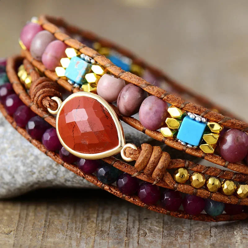 Bohemia Multilayers Leather Wrap Bracelet Creative Natural Red Stone Wristband Handmade Spiritual Jewelry Holiday 241227